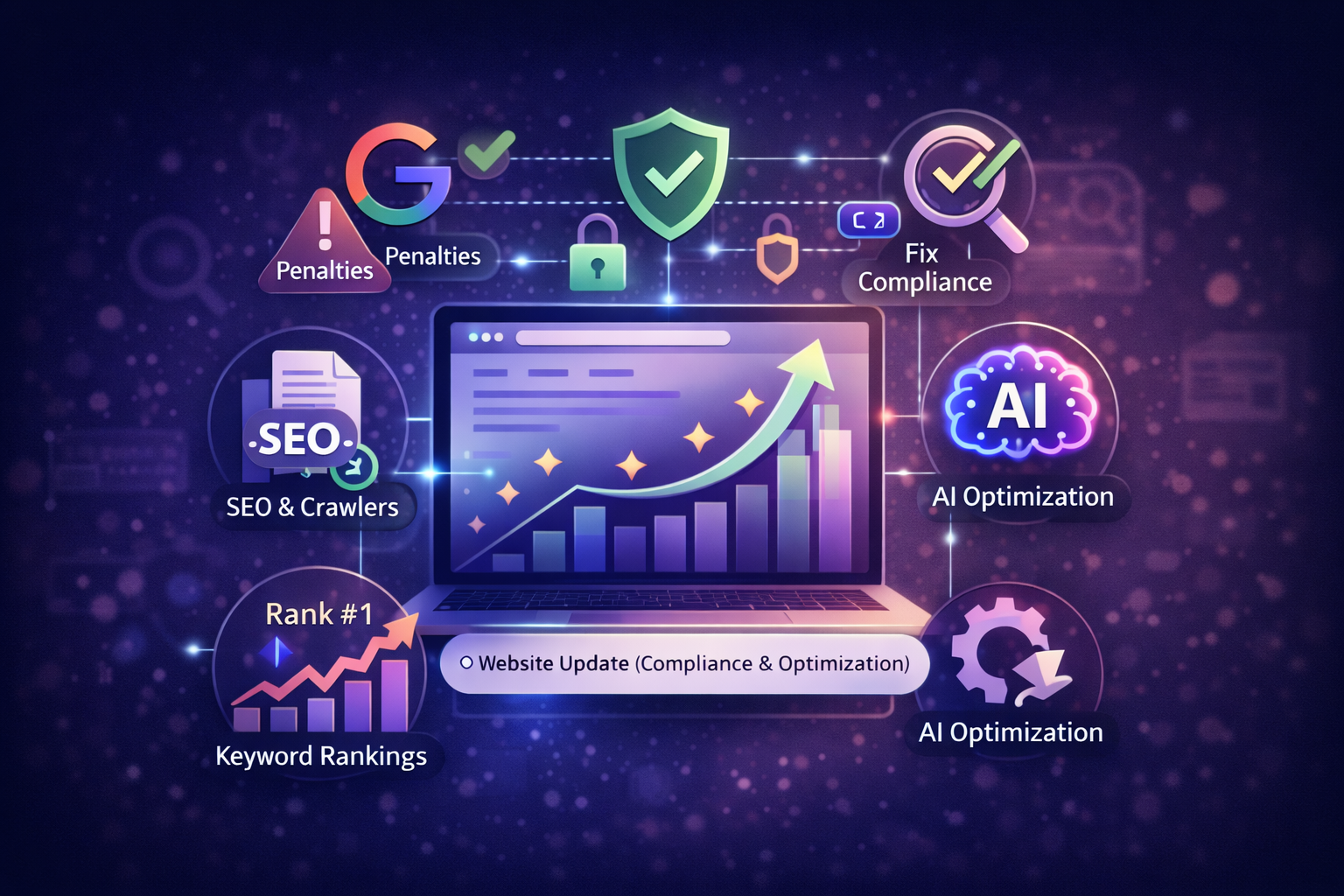 Diagram of website optimization and SEO with icons and text on a dark background